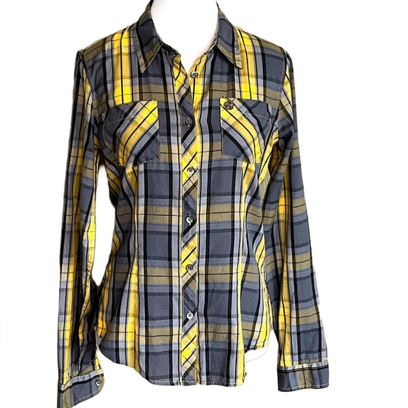 OBEY Lightweight Breathable Cotton Button Up Shirt Sz M Yellow Grey Western Boho - Picture 1 of 7